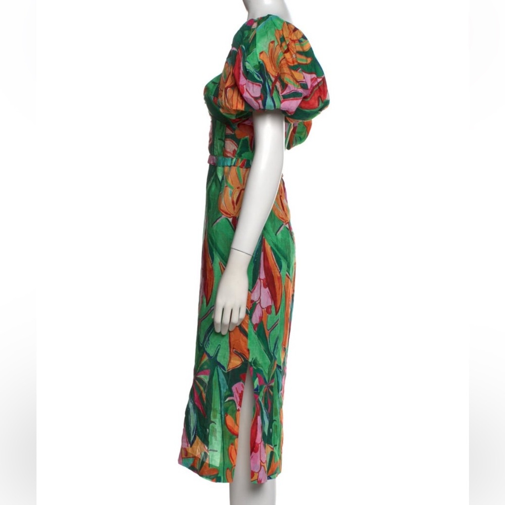 Farm Rio Midi vacation puff sleeve foliage dress RETAIL 450 - Picture 4 of 6